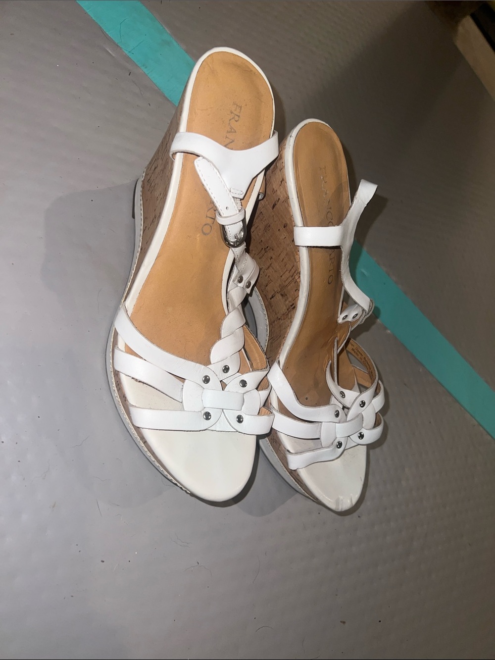Franco Sarto White Braided Strap Cork Wedge Sandals